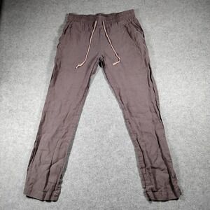 Len Ok Brown 100% Linen Pants Women Medium Elastic Waist Drawstring Casual
